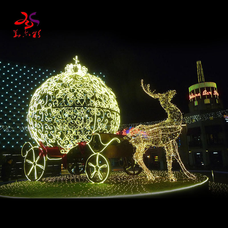 outdoor customized iron frame  3D motif light animal reindeer with sled Christmas motif lights for Christmas decorations