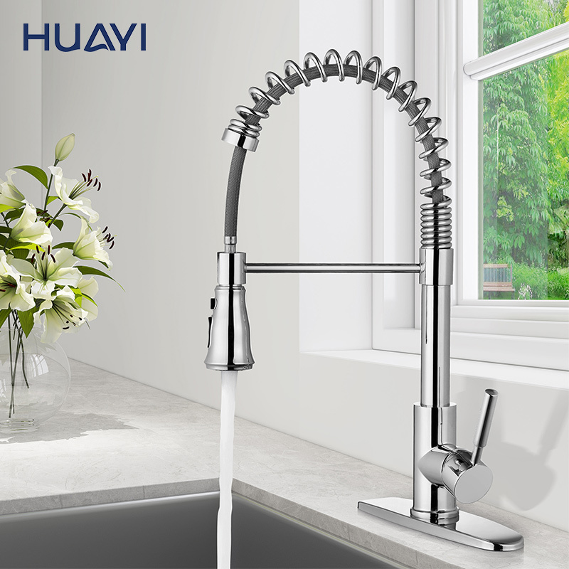 Huayi Chrome Single Lever Sink Mixer Tap Kitchen Faucets with Spring Pull Down Sprayer