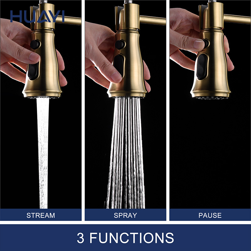 Huayi Luxury Kitchen Tap Sink Mixer Brushed Gold Kitchen Faucet with Pull Down Sprayer