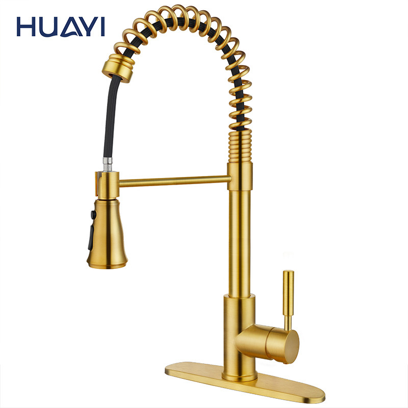 Huayi Luxury Kitchen Tap Sink Mixer Brushed Gold Kitchen Faucet with Pull Down Sprayer