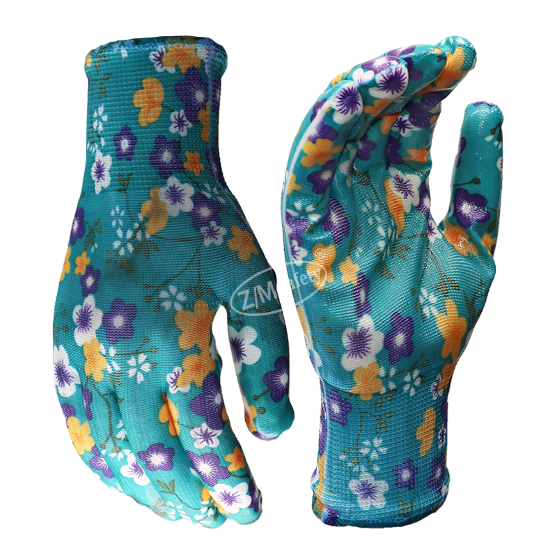 Flower Pattern liner Nitrile Coated Oil Resistant Safety Hand Protection Garden Gloves