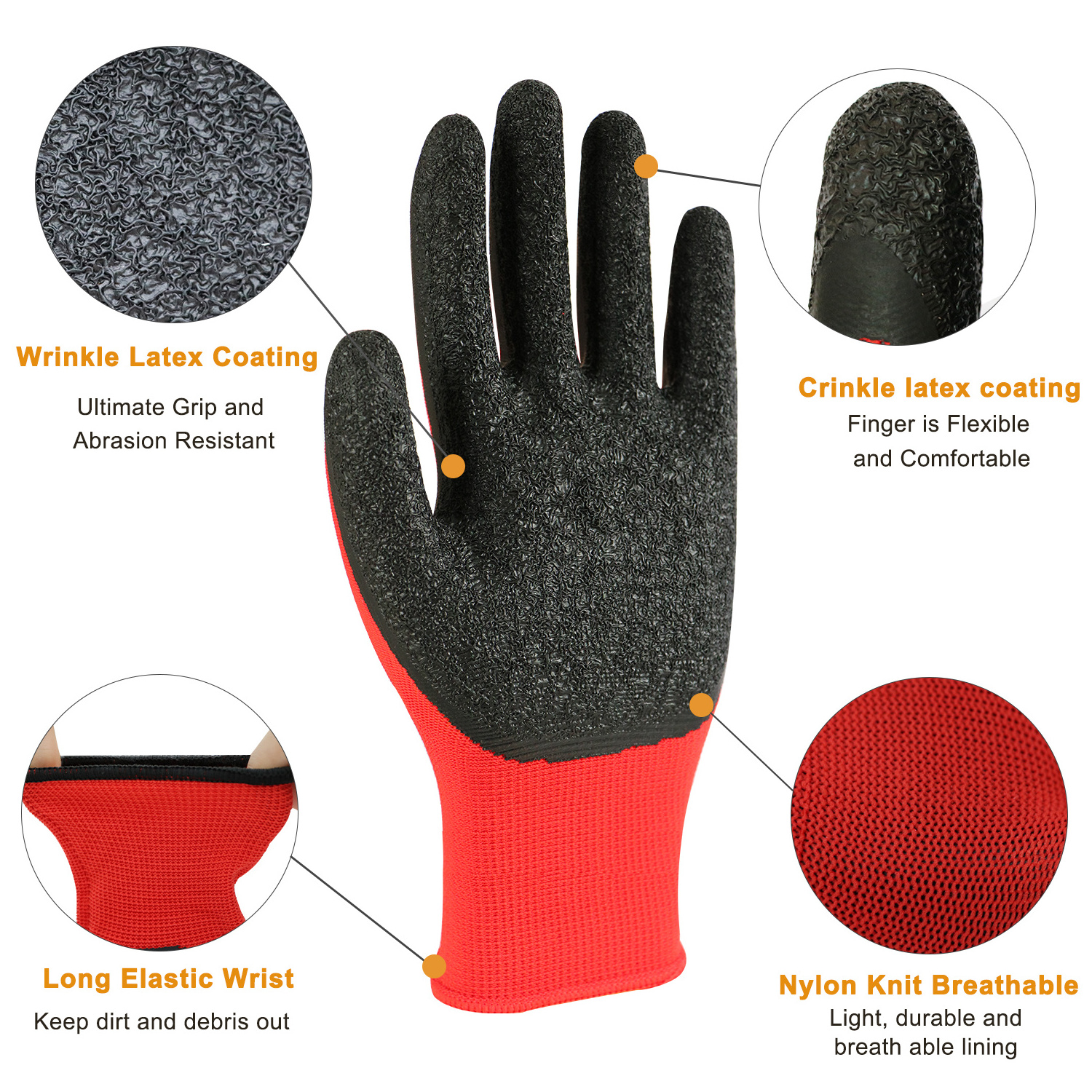 Anti slip guantes de latex coated firm grip rubber coated work gloves crinkle latex dipped construction gloves