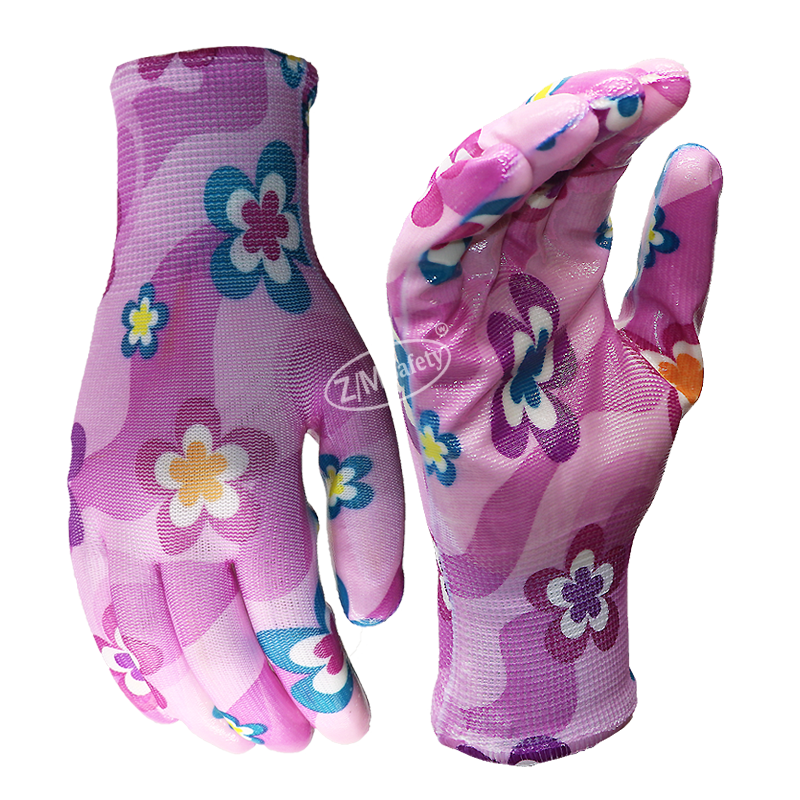 Flower Pattern liner Nitrile Coated Oil Resistant Safety Hand Protection Garden Gloves