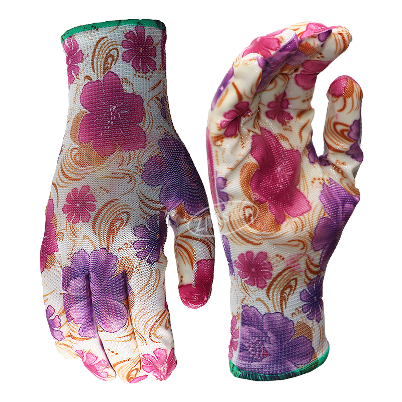 Flower Pattern liner Nitrile Coated Oil Resistant Safety Hand Protection Garden Gloves