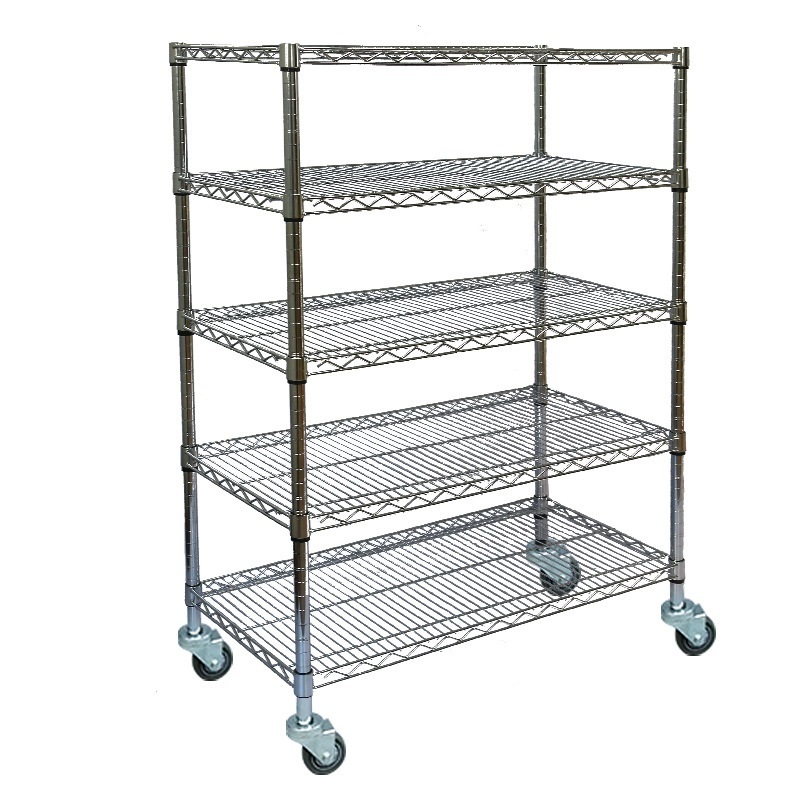 Custom metal mesh shelves with wheels stainless steel storage rack multi-layer mobile display rack/3-5layer