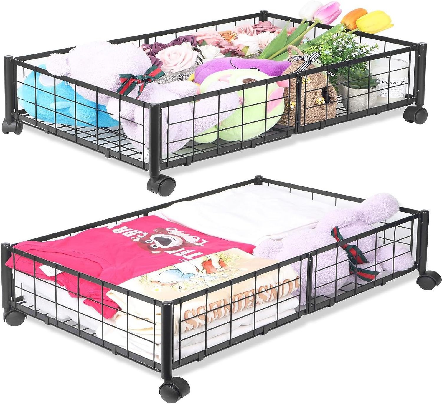 Custom metal under bed storage rack Bedroom removable wheel folding storage rack Clothes shoes