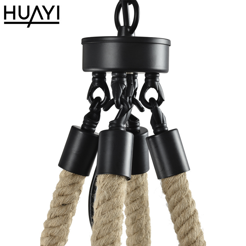 HUAYI North American Retro Decorative Hanging Lamp Hemp Rope Candle Chandelier D850 E12 Metal Matte Black Round Pendant Light