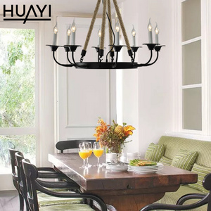 HUAYI North American Retro Decorative Hanging Lamp Hemp Rope Candle Chandelier D850 E12 Metal Matte Black Round Pendant Light