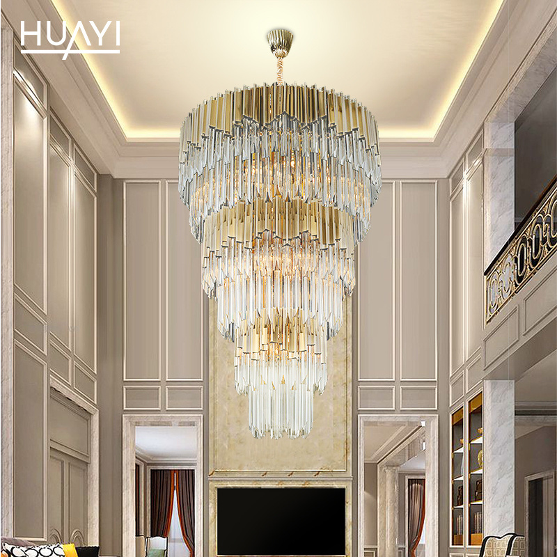 HUAYI Modern Luxury Indoor Gold Large Round Stairwell Stair Lighting Crystal Chandeliers Pendant Lights For Hotel