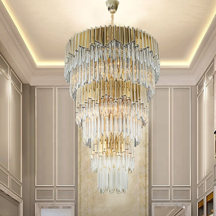 HUAYI Modern Luxury Indoor Gold Large Round Stairwell Stair Lighting Crystal Chandeliers Pendant Lights For Hotel