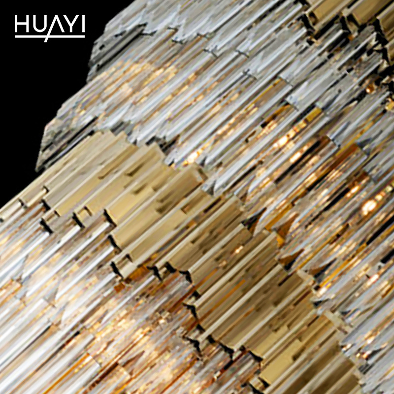 HUAYI Modern Luxury Indoor Gold Large Round Stairwell Stair Lighting Crystal Chandeliers Pendant Lights For Hotel