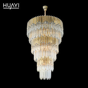 HUAYI Modern Luxury Indoor Gold Large Round Stairwell Stair Lighting Crystal Chandeliers Pendant Lights For Hotel