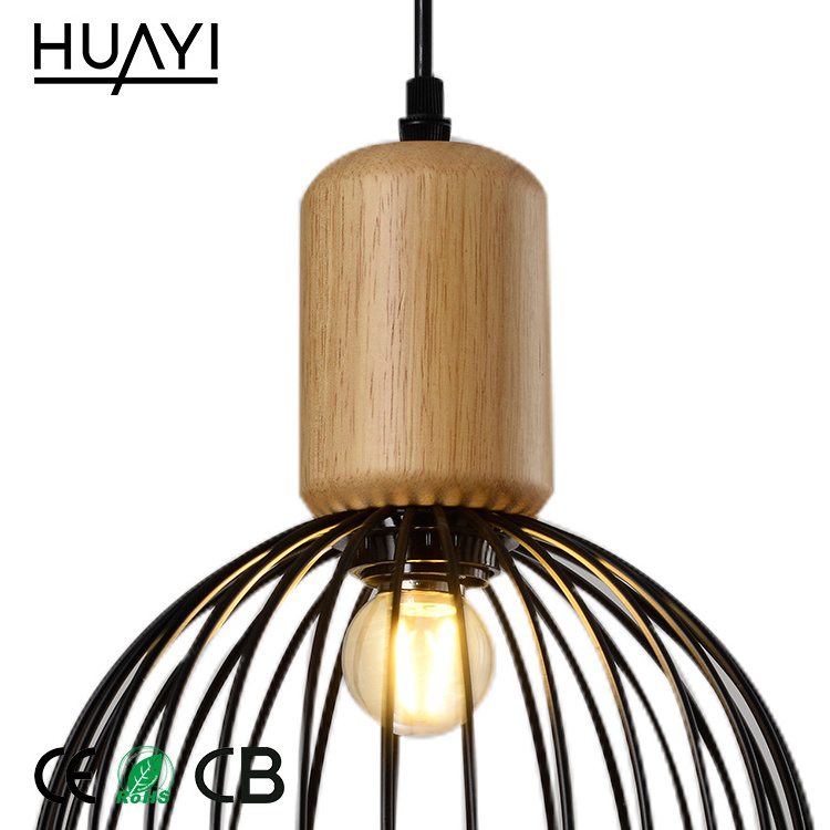 HUAYI Nordic Style Black Modern Wooden 60W E27 LED Pendant Light Fixture