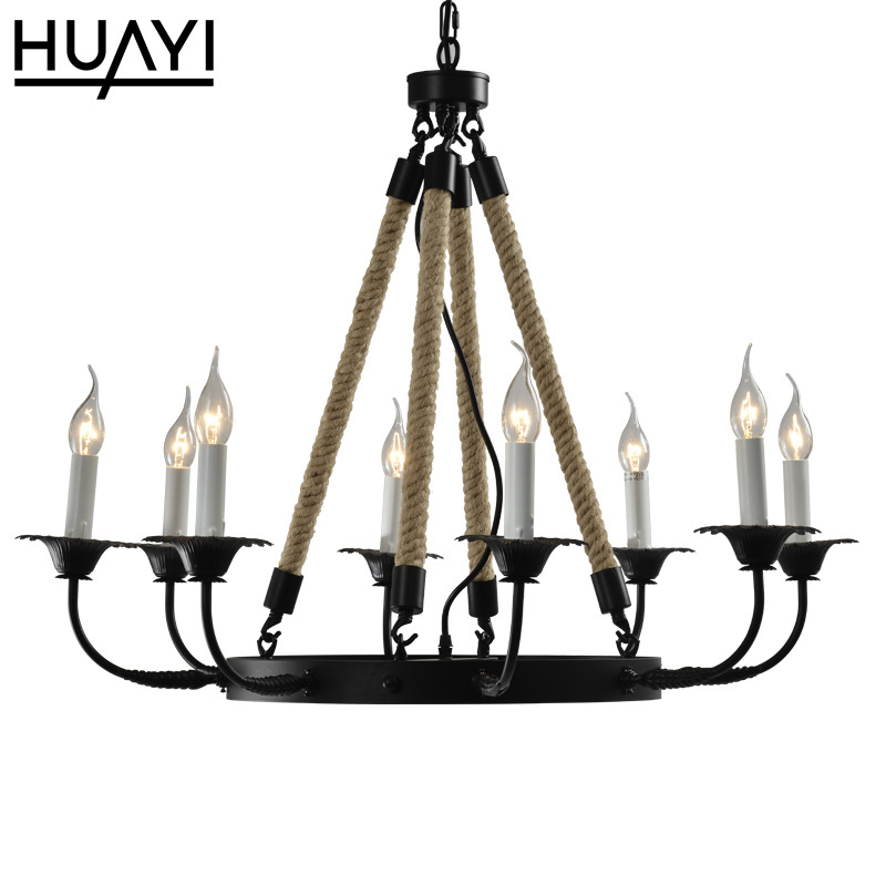 HUAYI North American Retro Decorative Hanging Lamp Hemp Rope Candle Chandelier D850 E12 Metal Matte Black Round Pendant Light