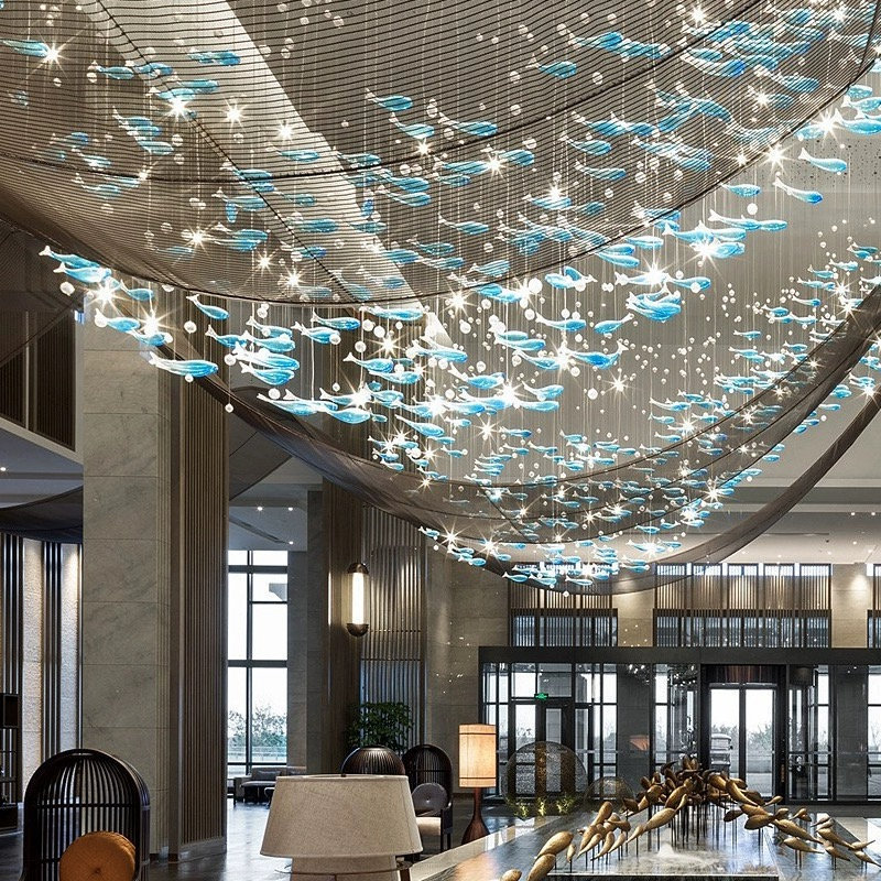 Customized interior decoration with large blue fish shaped artistic glass chandelier for hotel lobby corridors