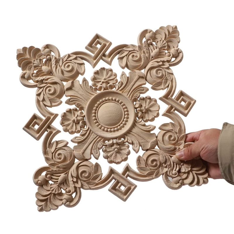 Wall Wooden Appliques Square Wood Hand Carved Onlay Decals Unpainted Carving for Home Furniture Bed Cabinet Door Cupboard Decor