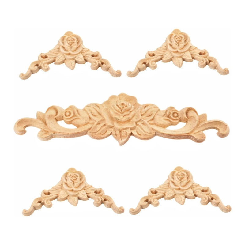 Wood Rose Appliques Onlays Set Unpainted Decorative Carved Decals for Bed Door Cabinet Wardrobe Mantel Ceiling Wall Headboard