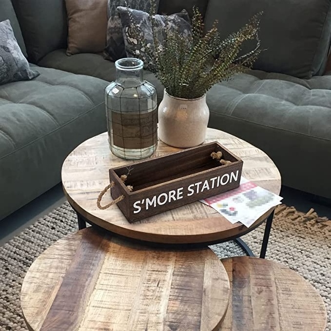 Wooden Vintage Smores Station Box with Rope Handles Farmhouse Style Rectangle Serving Tray Rustic Kitchen Decor wooden  Box