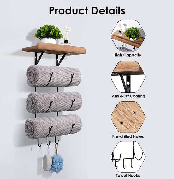 Towel Rack Wall Mounted for Bathroom, Metal Bath Towel Holder Storage Hand Towels Wood Shelf and 3 Hooks for Small Bathroom Org