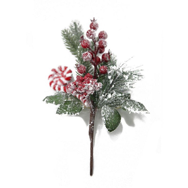 Handmade Snowy Artificial Flowers for Christmas with Candy in White/Red Pinecone Berry and Glitter Small Pick