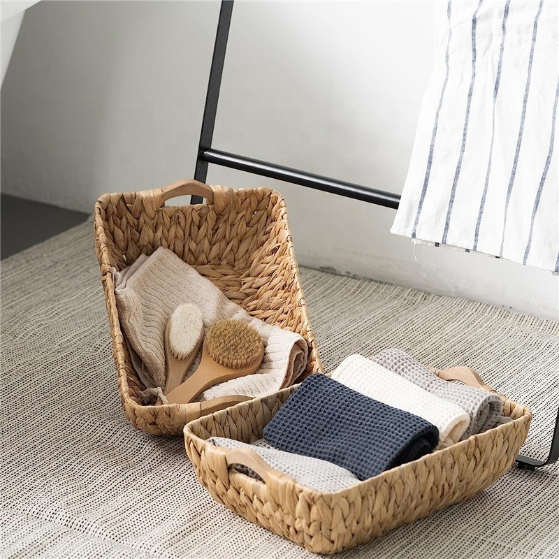 Hand-knitted Natural Water Hyacinth Straw Wicker Woven Storage Organized Handle Baskets