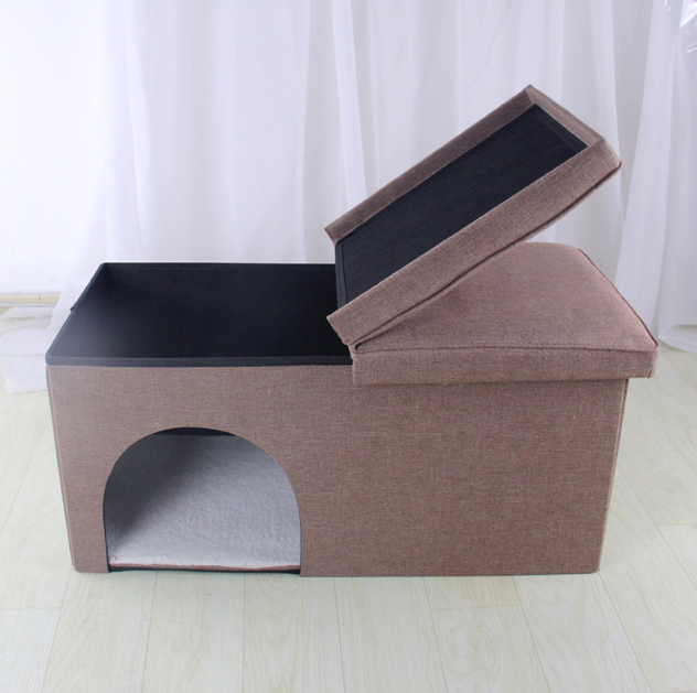 OEM Factory Direct Linen Space Saving Pet House Foldable Ottoman Storage Stool with Cat Toys