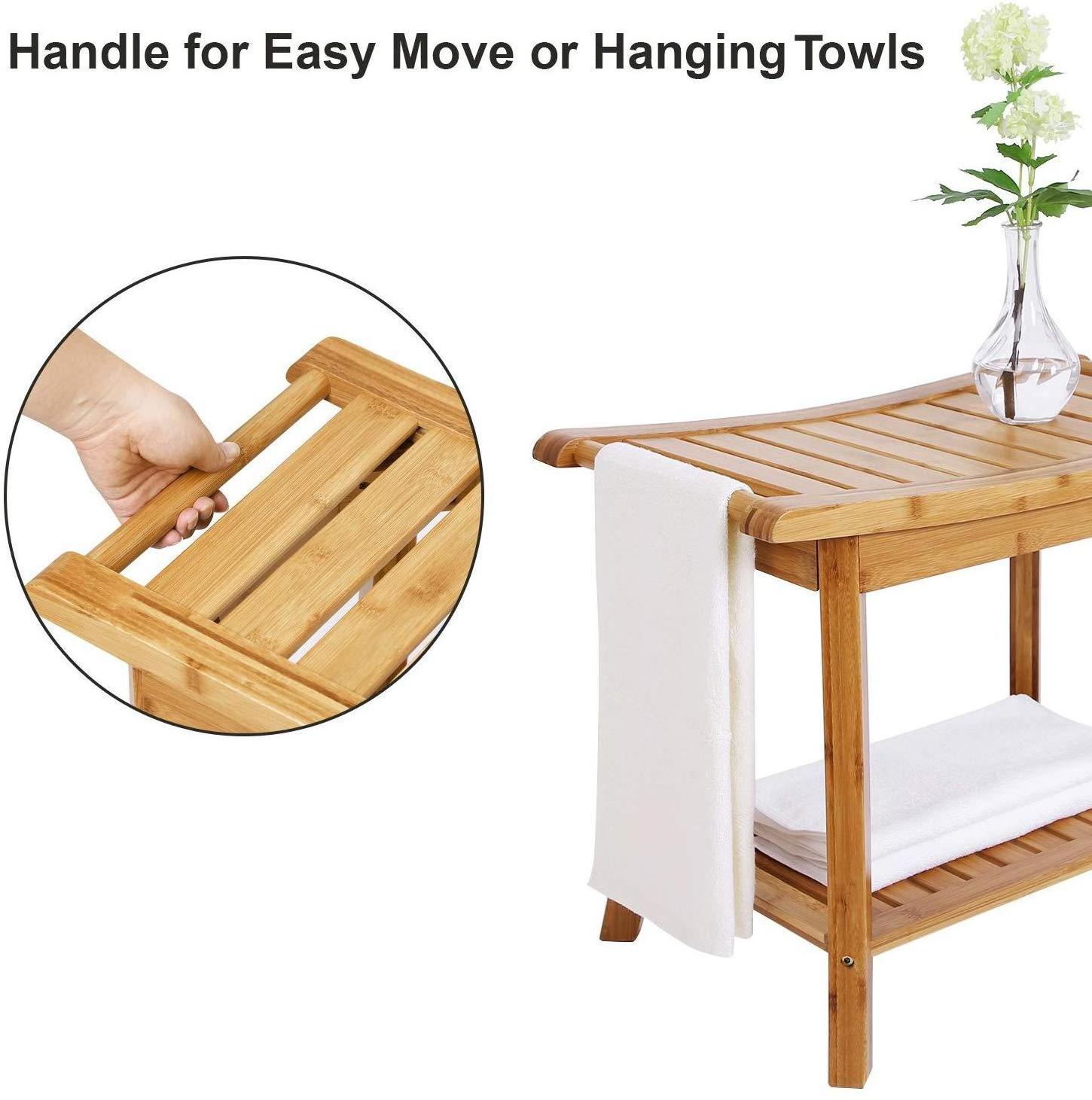 Bamboo Shower Bench Bathroom Stool Spa Bath Shower Stool with Storage Shelf Wood Bench for Indoor Outdoor Use