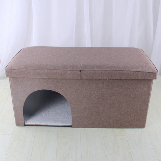 OEM Factory Direct Linen Space Saving Pet House Foldable Ottoman Storage Stool with Cat Toys