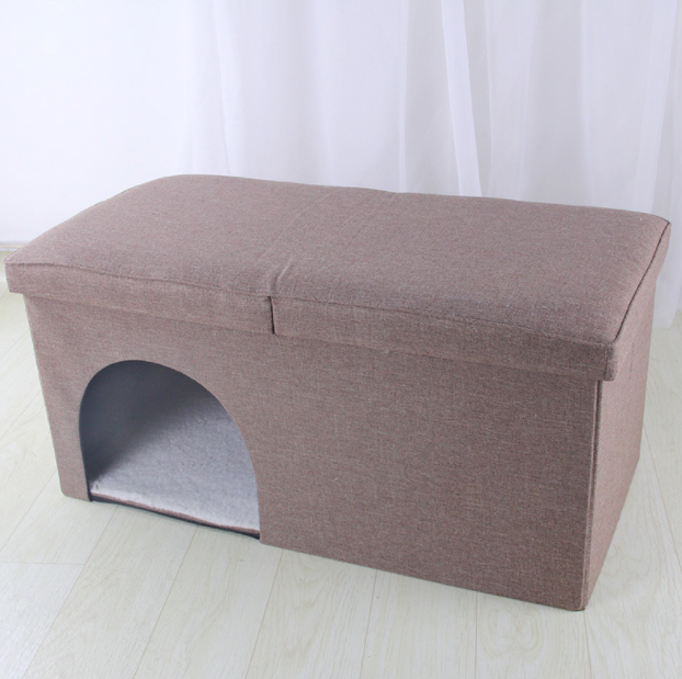 OEM Factory Direct Linen Space Saving Pet House Foldable Ottoman Storage Stool with Cat Toys