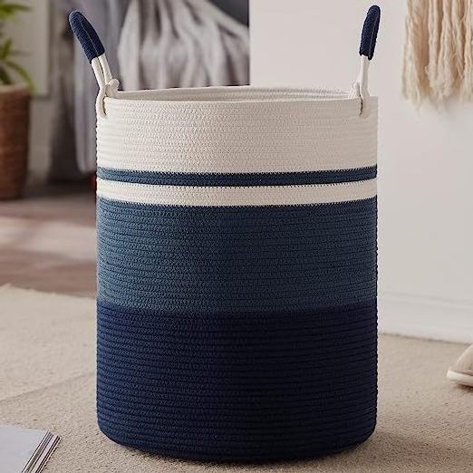 Large Woven Cotton Rope Laundry Basket with Handles Decorative Storage Basket for Clothes and Toys