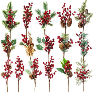 Handmade Artificial Flower Decoration Christmas Red Berry Pinecone with Pine Stem & Pick