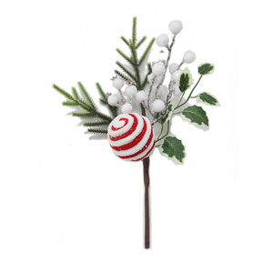 Handmade Snowy Artificial Flowers for Christmas with Candy in White/Red Pinecone Berry and Glitter Small Pick