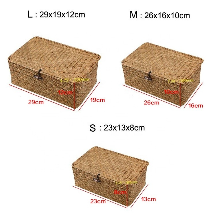 Seagrass Baskets Woven Wicker Straw Fruit Home Rectangular Gift Hamper Straw Baskets with Lid