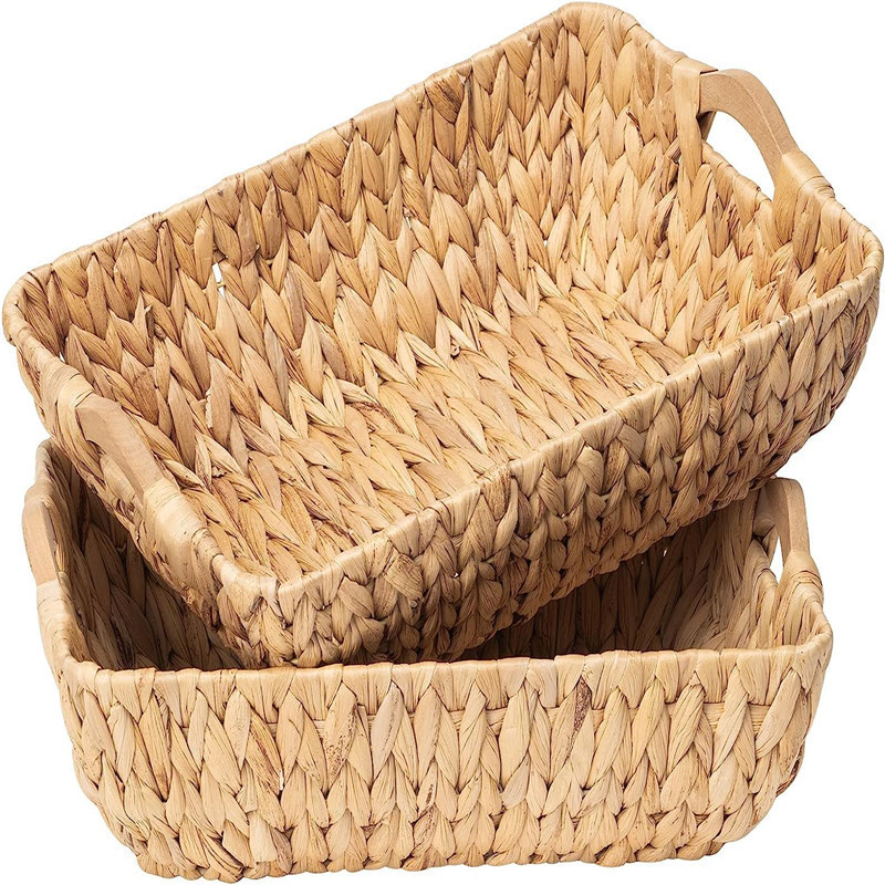 Hand-knitted Natural Water Hyacinth Straw Wicker Woven Storage Organized Handle Baskets