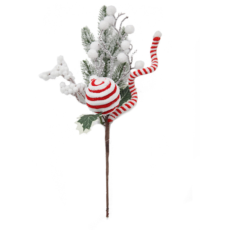 Handmade Snowy Artificial Flowers for Christmas with Candy in White/Red Pinecone Berry and Glitter Small Pick