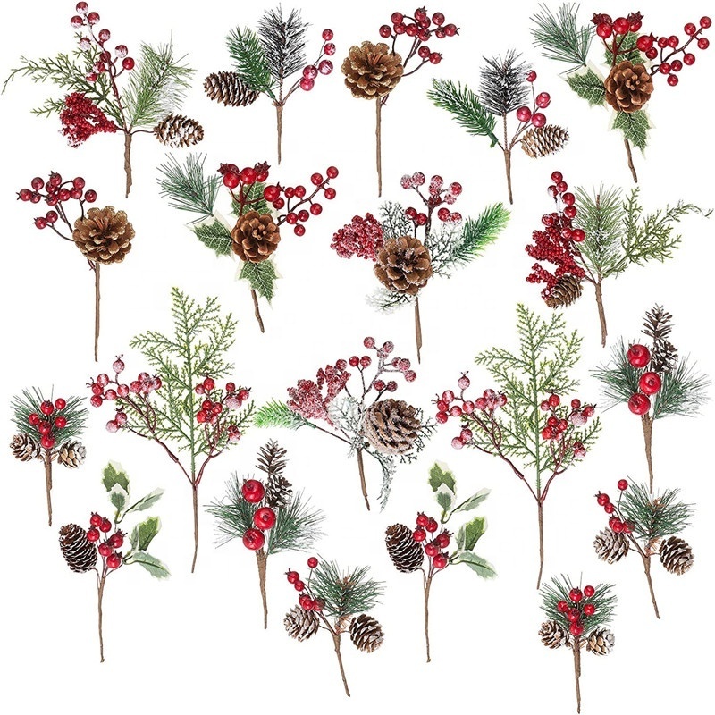 Handmade Artificial Flower Decoration Christmas Red Berry Pinecone with Pine Stem & Pick