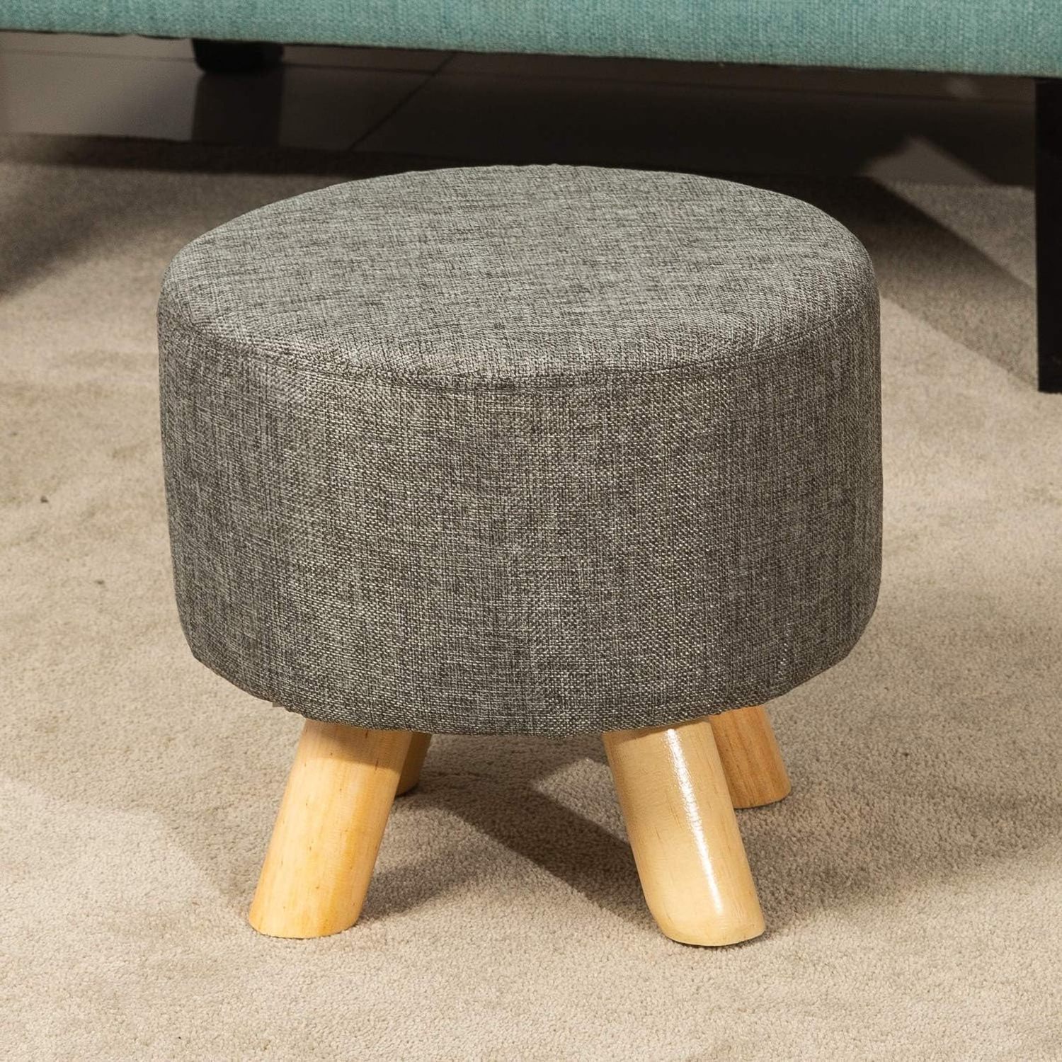 Round Linen Storage Ottoman Pouf Round Bench Fabric Seat Foot Stool