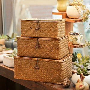 Seagrass Baskets Woven Wicker Straw Fruit Home Rectangular Gift Hamper Straw Baskets with Lid