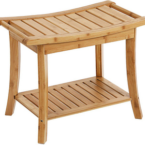 Bamboo Shower Bench Bathroom Stool Spa Bath Shower Stool with Storage Shelf Wood Bench for Indoor Outdoor Use