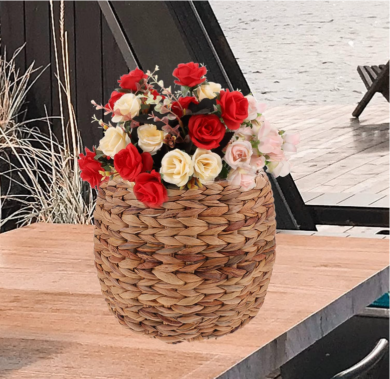 Flower Woven Basket Seagrass Planter Basket Hyacinth Woven Rattan Wicker Plant Pot Basket Desktop Organizer for Home Garden