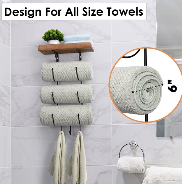 Towel Rack Wall Mounted for Bathroom, Metal Bath Towel Holder Storage Hand Towels Wood Shelf and 3 Hooks for Small Bathroom Org