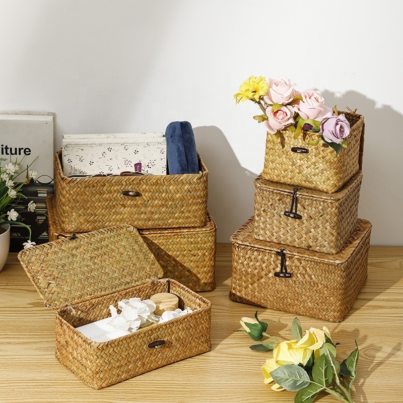 Seagrass Baskets Woven Wicker Straw Fruit Home Rectangular Gift Hamper Straw Baskets with Lid