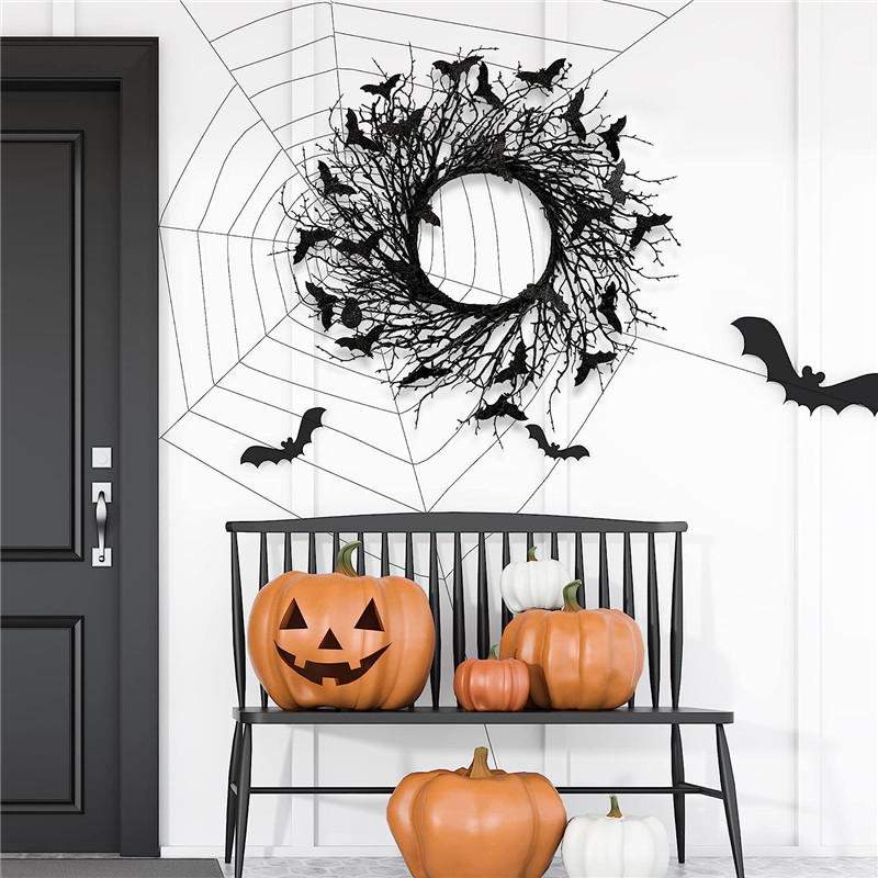 Handmade Black Twig with Glitter Bats for Front Door Indoor/Outdoor Party Home Decorations Halloween Wreath