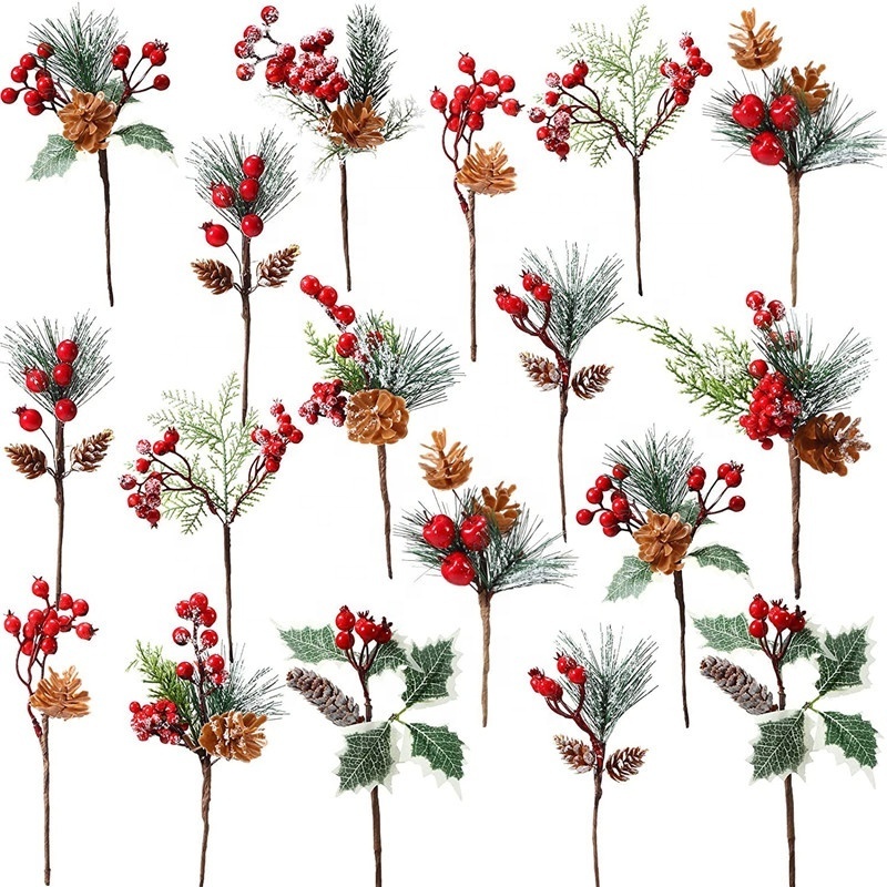 Handmade Artificial Flower Decoration Christmas Red Berry Pinecone with Pine Stem & Pick