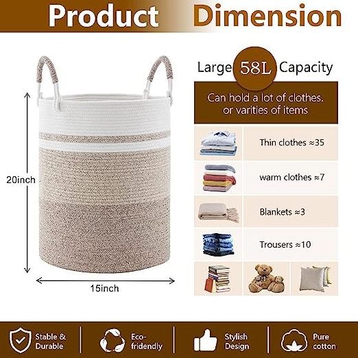 Large Woven Cotton Rope Laundry Basket with Handles Decorative Storage Basket for Clothes and Toys