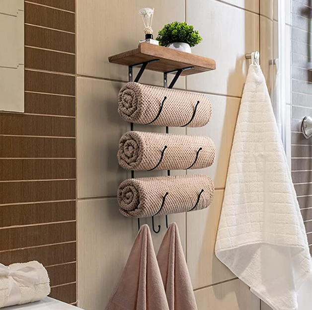 Towel Rack Wall Mounted for Bathroom, Metal Bath Towel Holder Storage Hand Towels Wood Shelf and 3 Hooks for Small Bathroom Org