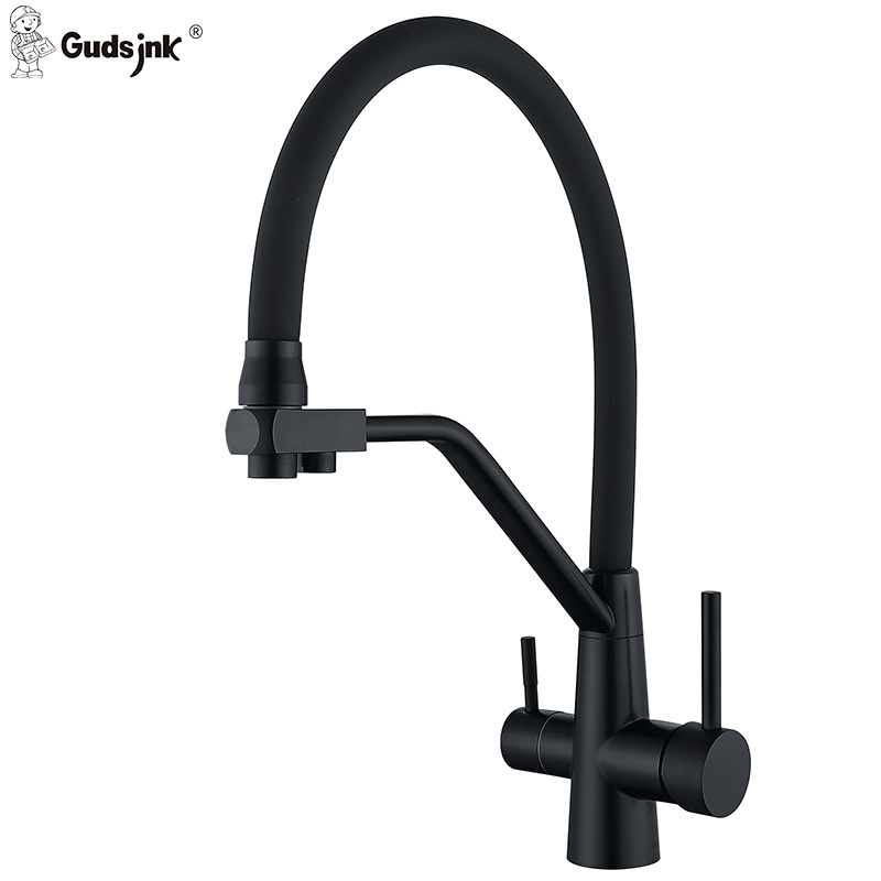 Gudsink Chrome Kitchen Sink Water Filter Faucet Deck Mount 3 Three Way Tap Pull Out Spring Spray Kitchen Faucet