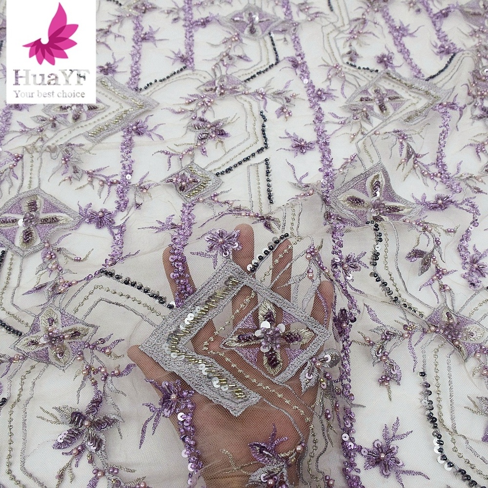 Hot HandWork Heavy Beaded Pearls Lilac Embroidery Mesh Fabric With Sequins For Collection HY2207