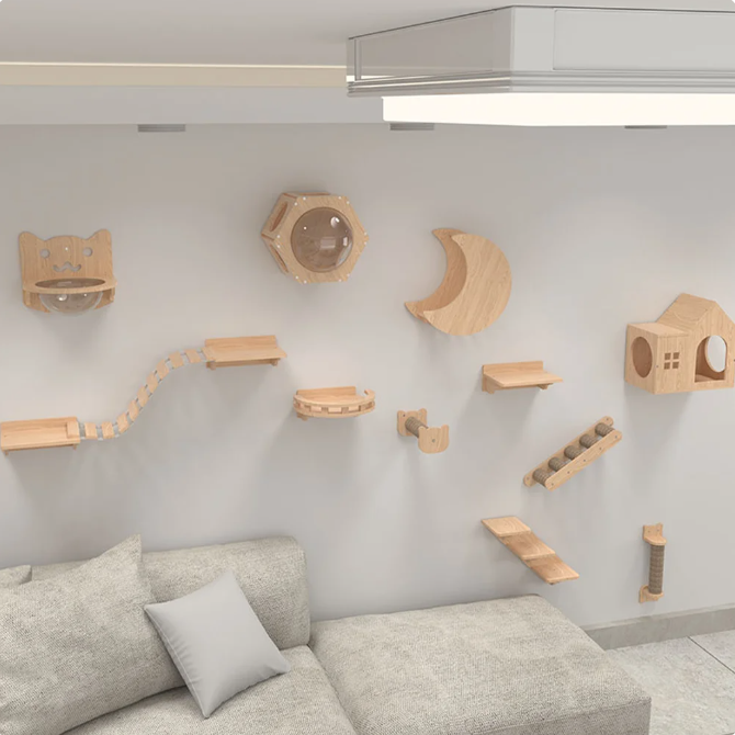 Eco-freindly Wooden Floating Cat Wall Shelves Hammock And Perches Wall Mounted Furniture Scratcher