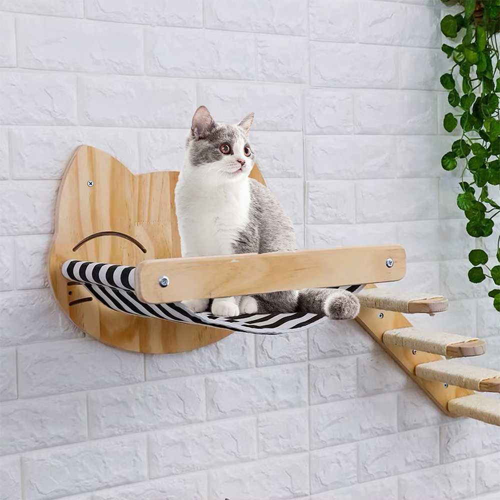 Cat Activity Tree with Scratching Posts Wall Mounted Sisal Scratcher Wooden Hammock Climbing Shelf Stairway Perch Platform Toy